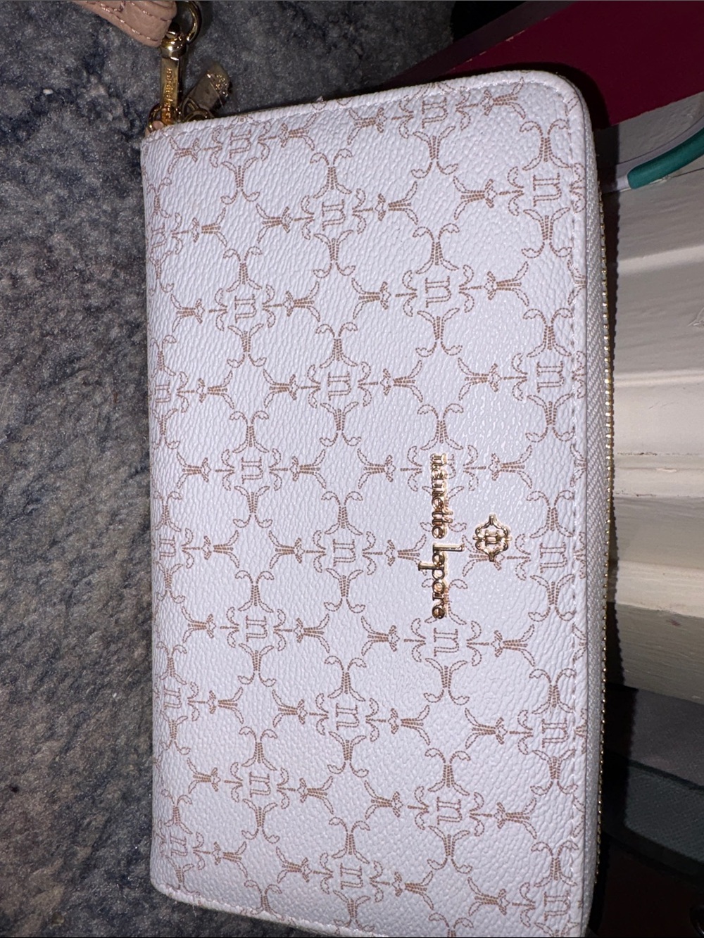Nanette Lepore White and Gold Monogram Zip Wallet